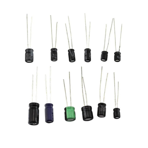 Assorted capacitors from 120 Piece Aluminum Electrolytic Capacitor Kit With 12 Common Values From 0.22uF To 470uF For DIY Electronics Projects
