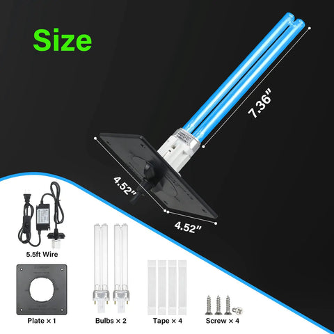 18W UVC HVAC Light For Whole House Air Purification In Ducts 253.7nm Ozone Free 110V with spare bulb, dimensions and accessories
