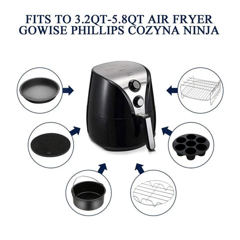 Must Have Ultimate Air Fryer Accessories Set For 3.7QT To 5.8QT Deep Fryers Includes 7 Inch Cake Barrel Pizza Pan Cupcake Pan Skewer Rack Silicone Mat Oven Mitts Food Tong Oil Brush Cookbook And More Essentials For Crisp And Even Results