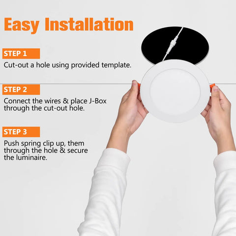 Hands holding Ultra Thin 6 Inch Recessed LED Lights With Junction Box 12W 100W Equivalent 5CCT installation steps