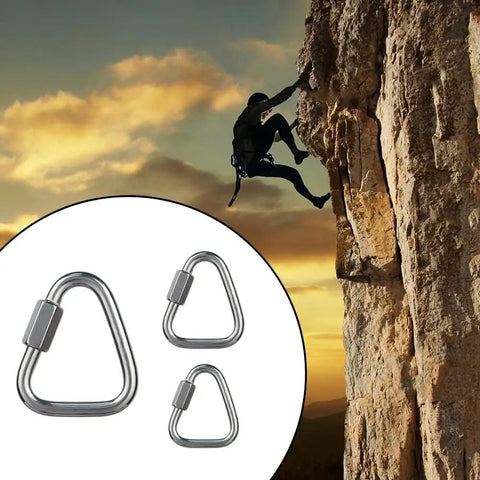 Stainless Steel Carabiner Heavy Duty Safety Lock For Climbing Caving Rappelling Firefighting Rescue And Industrial Rigging Up To 60kN Load Capacity 6mm Ideal For Outdoor Adventures Worksites And Industrial Rigging In Harsh Environments shown with rock climber silhouette in background.