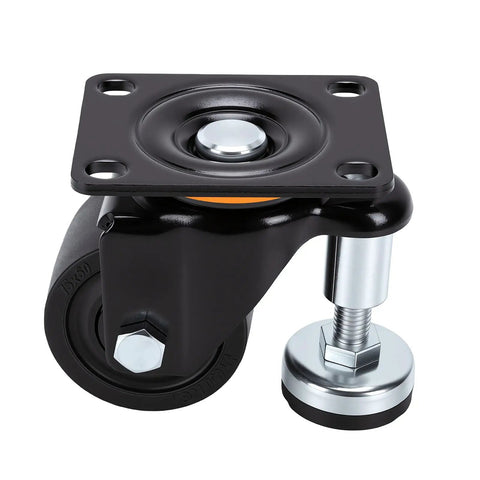 Three Inch Heavy Duty Leveling Casters Featuring Adjustable Steel Plate Feet, black caster with swivel plate and locking nut.