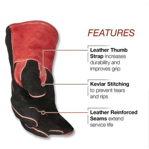 Heavy Duty 14 Inch Leather Welding Gloves With Kevlar Stitching For MIG And Stick Welding, Heat Resistant And Durable, Black Red