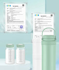 BPA Free test reports next to two green-topped baby bottles and a mint-colored cooler. Skip The Ice Pack Struggle Portable Breast Milk Cooler Keeps Fresh Up To 24 Hours Durable Design For Two Bottles Real Deal Gear For Busy Parents Out And About.