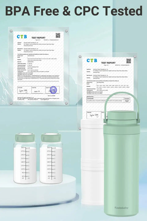 BPA Free test reports next to two green-topped baby bottles and a mint-colored cooler. Skip The Ice Pack Struggle Portable Breast Milk Cooler Keeps Fresh Up To 24 Hours Durable Design For Two Bottles Real Deal Gear For Busy Parents Out And About.