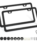 Two Pack Matte Black Aluminum License Plate Frames With Two Holes Narrow Design That Keeps Your Plate Fully Visible Includes Free Screws Fasteners Caps And Tool For Easy Installation Rugged Vehicle Plate Holder For Cars Trucks SUVs. Two frames shown with installation accessories.