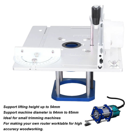 Must Have Router Table Lift Kit Featuring Smooth Adjustable Aluminum Platform And No Sweat Install Woodworking Insert Base Plate For 64mm To 65mm Routers close-up of aluminum platform with lift mechanism and router hole