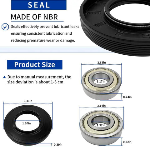 Washer Seal Bearing Kit For Samsung Replacement DC62-00156A with product dimensions and features displayed