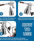 Heavy Duty Long Handle Pneumatic Paint Sprayer With Precision Stainless Nozzles And Built In Pressure Gauge For Flawless Auto And Furniture Coats No Sweat High Low Reach Setup instructional steps for setup and use.