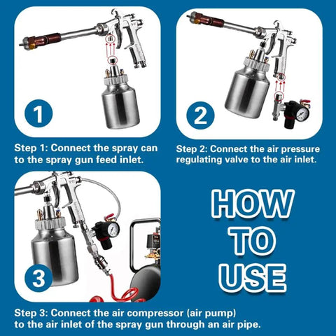 Heavy Duty Long Handle Pneumatic Paint Sprayer With Precision Stainless Nozzles And Built In Pressure Gauge For Flawless Auto And Furniture Coats No Sweat High Low Reach Setup instructional steps for setup and use.