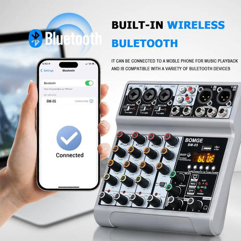 Five Channel USB Bluetooth Audio Mixer With Dope Echo Delay Effects And 48V Phantom Power shown with mobile connectivity