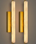 Set Of Two 25 Inch Brass And Natural Alabaster Wall Sconces Featuring Authentic Spanish Marble Veins For Bathroom Bedroom Or Hallway Total Game Changer Lighting mounted on wall.