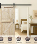 Certified Top Shelf Solid Spruce British Brace Knotty Barn Door 30X84 Inch interior sliding door displayed in a cozy bedroom setting.