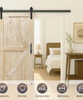 36x84 Inch Unfinished Barn Door With 13Ft Sliding Hardware Kit installed in bedroom, solid spruce wood, rustic modern style