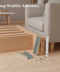 Beefed-Up Heavy-Duty Sofa Armrest Connector Kit With Carbon Steel Snap Buckle Bracket For Loose Arms, displayed near sofa frame