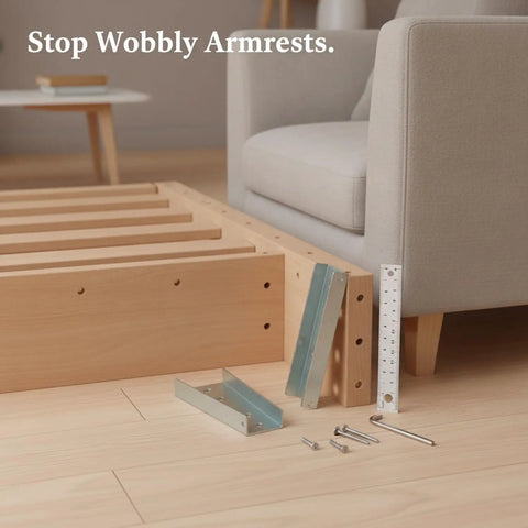 Beefed-Up Heavy-Duty Sofa Armrest Connector Kit With Carbon Steel Snap Buckle Bracket For Loose Arms, displayed near sofa frame