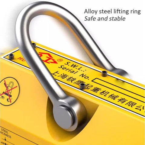Close-up of heavy duty permanent magnetic lifter with alloy steel lifting ring for steel plates and hoists Rock Solid 600 Kg.
