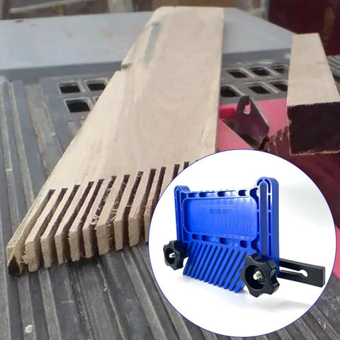 Workhorse Stackable Featherboard Rig For Table Saw Router And Bandsaw With Tight Lock Anti Kickback Bar T Track Mount Blue Grip Handles No Sweat Setup, close-up of featherboard on wood.