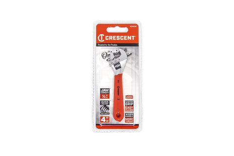 4 inch Crescent adjustable wrench in retail packaging with cushioned grip and hex jaw for home and automotive use.