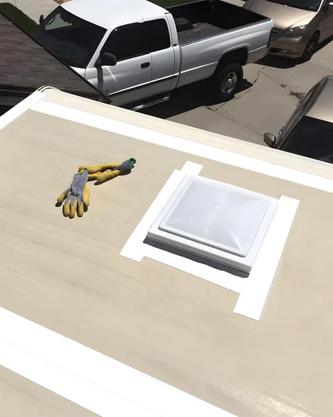 RV roof sealed with RV Roof Sealant Tape 4 Inch By 50 Foot Waterproof Weatherproof UV Resistant Sealant Tape and gloves
