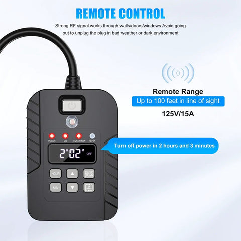 Heavy Duty Outdoor Light Timer Waterproof With Remote 15Amp Dual Grounded Outlet 24 Hour Digital Auto On Off Switch 100 Ft Range remote control panel with buttons and display