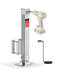 FZZD 8000-lb trailer jack front view, steel post with base and mounting bracket; 20-24V drill-compatible.