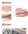 Pink kitchen scale with large LCD display and tare function 11 lb capacity, ABS material and isolated platform.