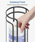 Hand accessing roll in 2 Pack Free Standing Toilet Paper Holder Tower For 3 Rolls Black Space Saving Workhorse Bathroom Organizer Holds Up To Three Rolls Easy To Move Perfect For Guest Bathrooms Small Spaces RVs And Campers.
