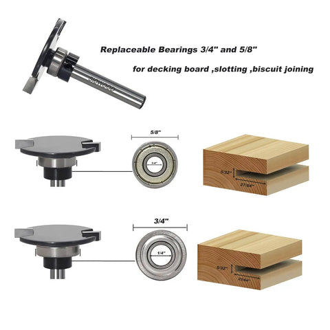 Slot Cutter Router Bit With Top Bearing Pro Grade One Quarter Inch Shank Two Bearings Three Quarters Inch And Five Eighths Inch Five Thirty Second Inch Cutting Height Thirty One Sixty Fourth Inch Cutting Depth Ideal For Decking Slotting And Joinery with replaceable bearings and slot examples in wood