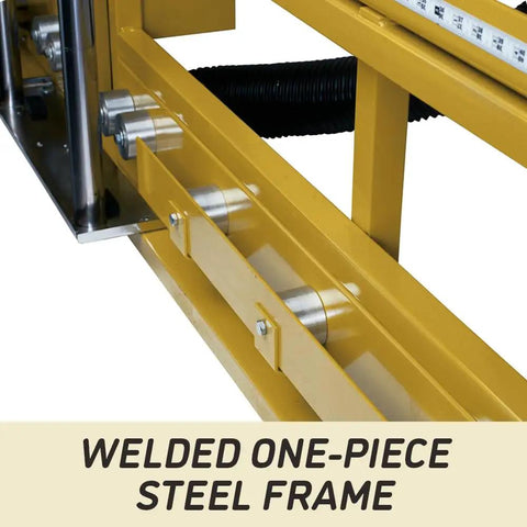 Close-up of the welded one-piece steel frame of the Badass Vertical Panel Saw With 3Hp Worm Drive Motor And 120 Volt 1Ph Power.