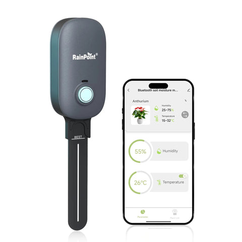 Bluetooth 2-In-1 Soil Moisture And Air Temperature Meter With App Remote Monitoring, device next to a smartphone app display