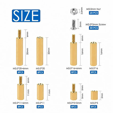 134 Piece Raspberry Pi Standoff Kit With M3 Spacers, Brass Standoffs, Stainless Steel Screws And Nuts, Includes Handy Storage Box For Raspberry Pi, Pi 5, PCBs And M.2 NVMe PCIe Board Projects, size chart