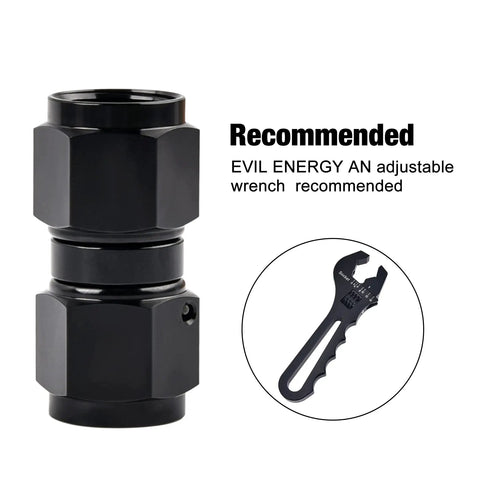 6AN Female To 6AN Female Beefy Straight Swivel Coupler Union Fitting Adapter Aluminum Black 9/16-18 UNF Thread 1500 PSI Max Minus 40F To 250F 37 Degree Flare Seal Ideal For Fuel Oil And Fluid Lines with adjustable wrench