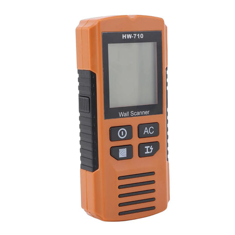 5 in 1 Wall Scanner Stud Finder with Advanced LCD Screen Five Measuring, orange handheld scanner with display and controls.