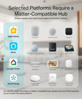 Image showing Matter-compatible hubs for Apple Home, Alexa, Google Home, and SmartThings for smart devices integration.