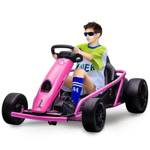 Child riding pink Ride On Go Kart For Kids With 24V 9Ah Battery Dual 300W Motors 8 MPH Fast Drifting Circuit Car Electric Ride On Toy
