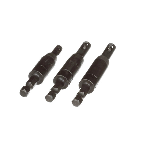 Front view of a 3-piece Bosch CC2430 Clic-Change 1/4 in self-centering drill bit set