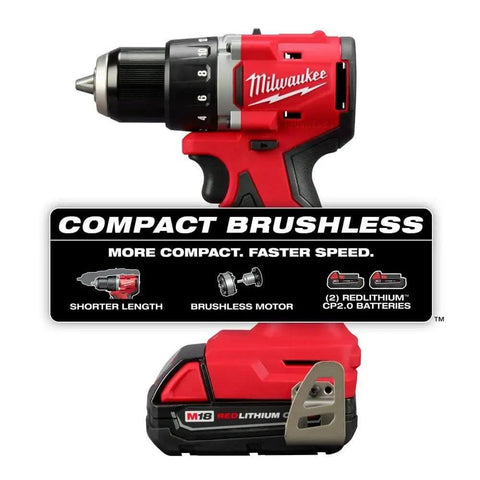 Badass Compact Brushless Cordless Drill Driver Kit With 18 Volt Lithium Ion Battery Power and Two Rapid Charge Batteries, showing drill and battery.