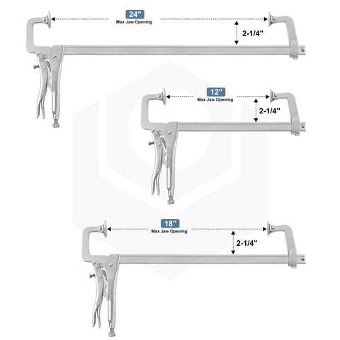 Three Beefy Heavy Duty Sliding Arm Locking C Clamps with 12 inch jaw capacity, showing different max jaw openings and throat depth.
