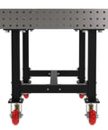 Straight Up Rock Solid Heavy Duty Steel Welding Fixture Table With Smooth Cruising Casters And Laser Cut Precision Mounting Holes For Custom Metalwork Shop Setup At 60X36X36 Inches, side view showing caster wheels and mounting holes.