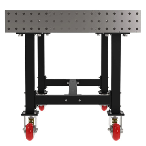 Straight Up Rock Solid Heavy Duty Steel Welding Fixture Table With Smooth Cruising Casters And Laser Cut Precision Mounting Holes For Custom Metalwork Shop Setup At 60X36X36 Inches, side view showing caster wheels and mounting holes.