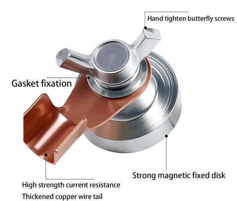 Close-up of Two Piece Magnetic Welding Ground Clamp Set For Metal Tables, Poles And Railings detailing components and design