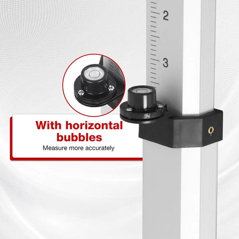 16 Foot Aluminum Leveling Rod With 5 Section Telescopic Design Dual Sided Feet And Tenths Scale Bubble Level With Carrying Case For Surveying Laser Alignment Walls And Floors Waterproof And Rustproof horizontal bubble level detail on aluminum leveling rod
