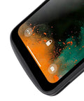 Close-up of Workhorse Portable Barcode Scanner with WiFi 6 and 5G, 6.5 inch touch screen displaying vibrant lock screen