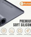 Top Shelf Silicone Washer And Dryer Top Mat 26 By 18 Inch Waterproof Countertop Protector Non Slip laundry mat rolled up, gray silicone material.