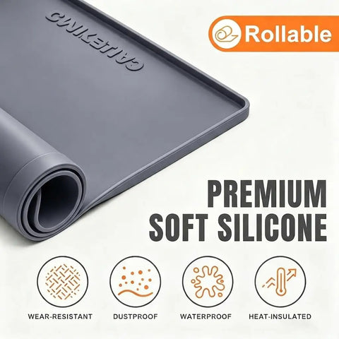 Top Shelf Silicone Washer And Dryer Top Mat 26 By 18 Inch Waterproof Countertop Protector Non Slip laundry mat rolled up, gray silicone material.