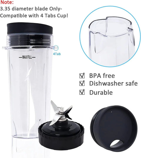 6 Fin Blender Blade Replacement With 2 Pack 16oz Single Serve Cups showing blade, cup, and lid, compatible with Ninja models