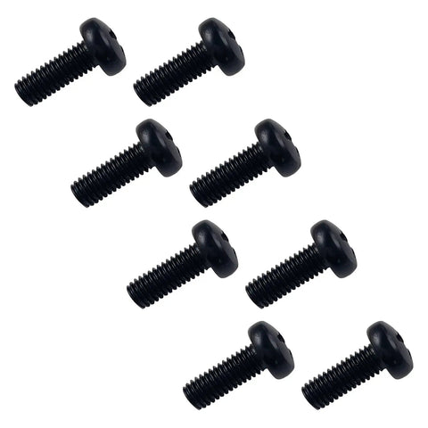 Eight black rear license plate screws arranged in two rows, featuring M6-1.0 thread, 18-8 stainless steel, 16mm length.
