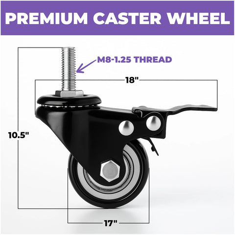 Keyboard Stand Caster Wheels Set Of 4 Replacement Locking Heavy Duty Wheels With Brake For Piano Stands And Keyboard Stands MS1078 MS1080 Caster Replacement Parts And Accessories And Repair Kit premium wheel dimensions with M8-1.25 thread, 18-inch stem, 10.5-inch wheel height.