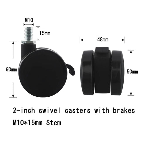 2 Inch Polyurethane Office Chair Casters With Brake, 5 Pack M10 Stem Swivel Wheels For Hardwood Floors, black with dimensions shown.